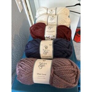 Lot Of 5 Yarn Bee Yarn,  Uber Luxe Color French Lilac, Navy, Currant, 2-White